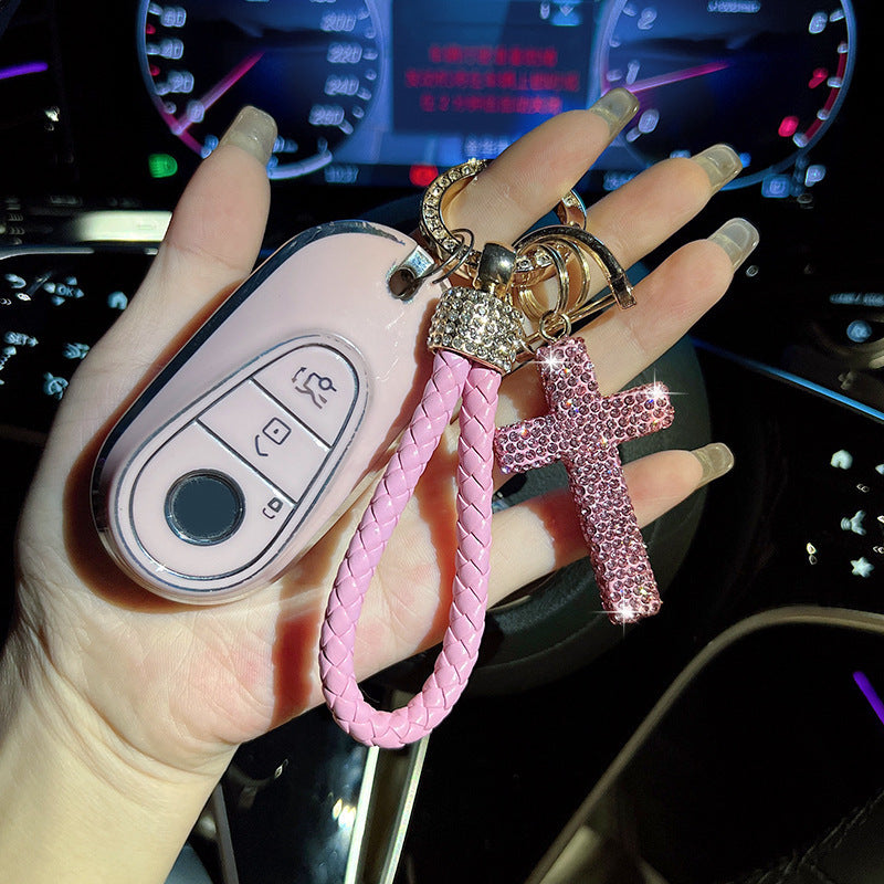 Wholesale Clay Full Diamond Cross with Diamond Hand-woven Rope Car Keychains